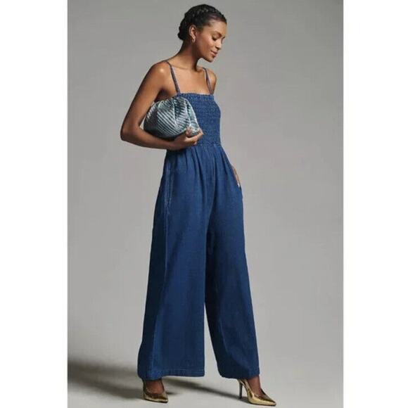 Anthropologie Pants - New Anthropologie Pilcro Smocked Jumpsuit Size Small Wide Leg Blue